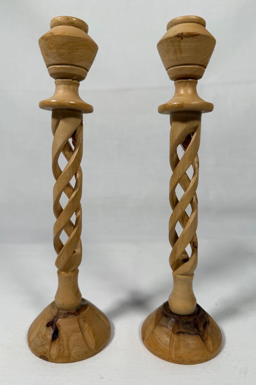 8Vintage Olive Wood Candlesticks Hand Carved Spiral Twist Pair MCM 60s 70s